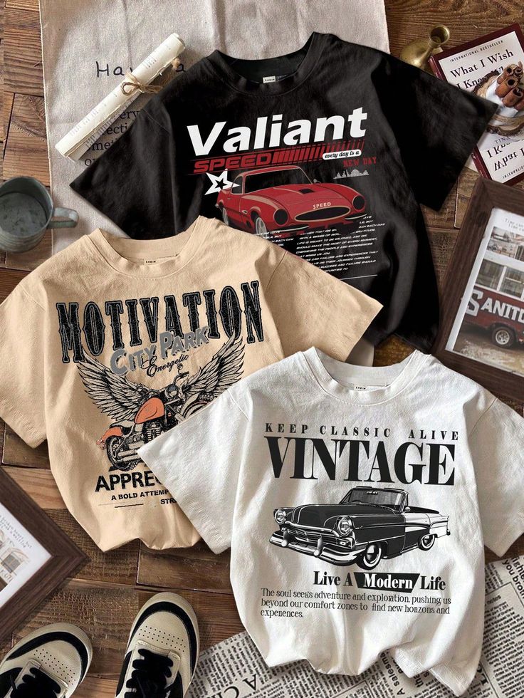 3pcs set casual simple motorcycle wing, retro car, vintage print round neck short sleeve cropped tight fit women t shirts, summer