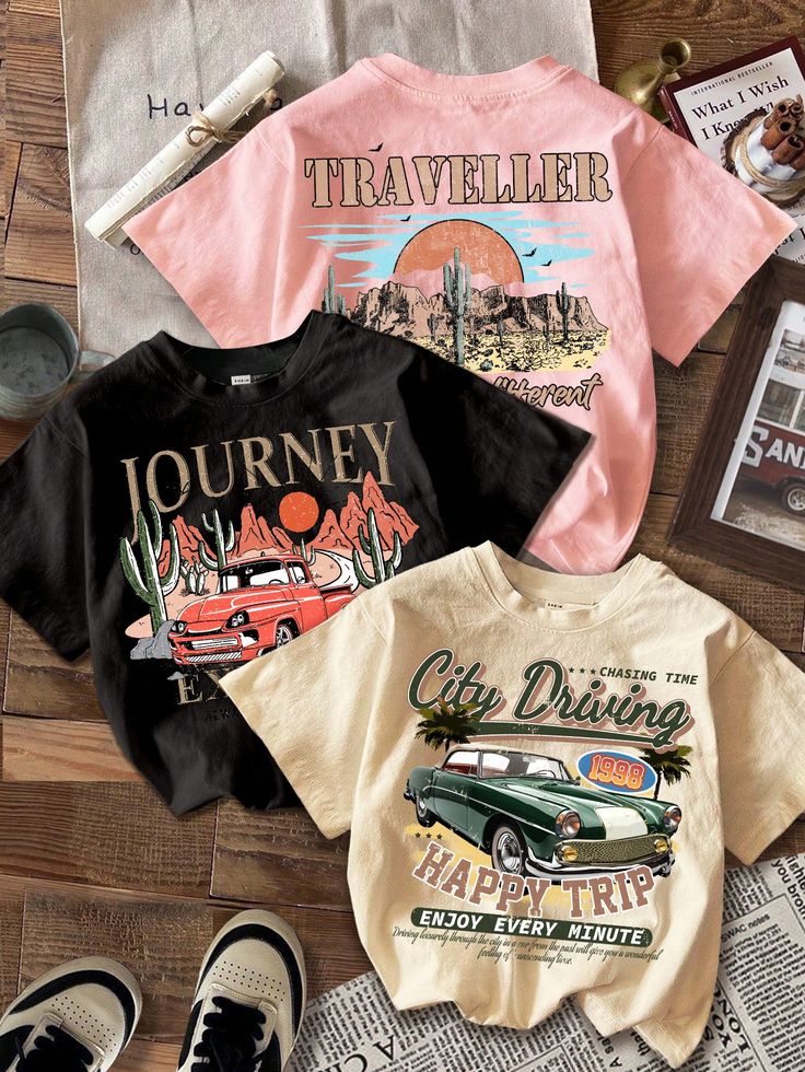 3pcs tween girls' casual retro scenic traveller letter & vintage car print cartoon graphic tees, short sleeve crew neck tops suitable for summer (1)