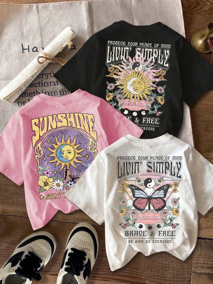 3pcs set women's casual simple sun, moon and butterfly print round neck short sleeve cropped t shirt bodysuits, summer