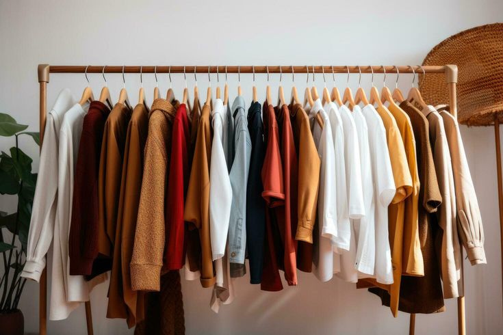 Download Clothing Rack With Different Clothes On Wooden Floor In Modern Dressing Room Clothing On Hanger At The Modern Shop Boutique AI Generated For Free